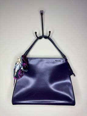 Prada Dark Purple Leather Shoulder Bag with Silk Accent